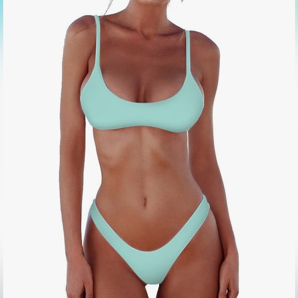 SHERRYDC Women's Solid Scoop Neck Push up Padded Brazilian Thong Bikini Swimsuit